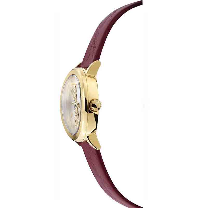 Side profile of Versace watch with gold case and maroon leather strap