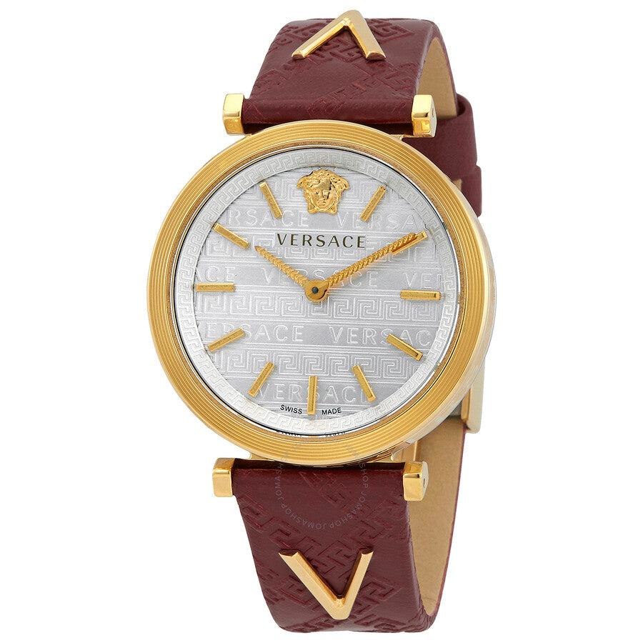 Versace V-Twist VELS00519 three-quarter view showing silver dial and purple quilted leather band