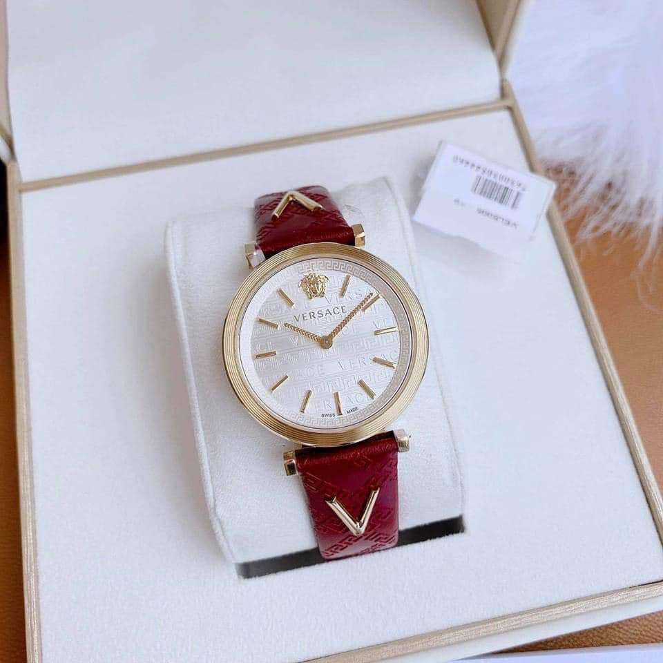Versace V-Twist women's watch displayed in presentation box with warranty card