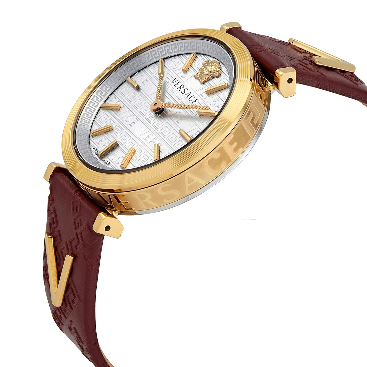 Versace V-Twist women's watch side view displaying gold case, silver dial, and purple strap