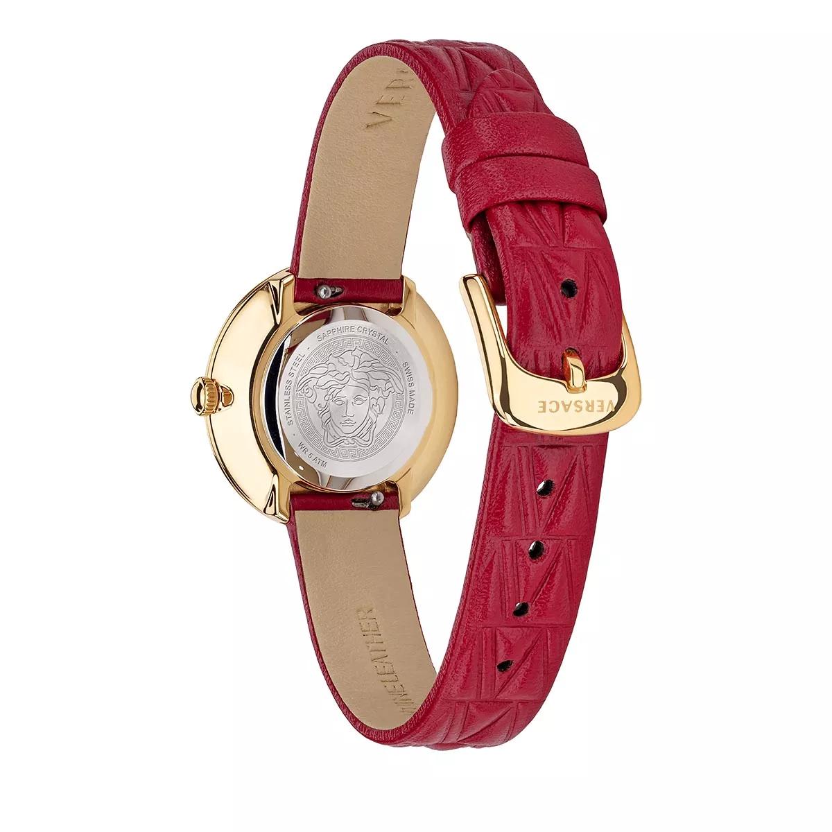 Purple quilted leather strap with gold-tone V detailing and gold-tone buckle on Versace watch