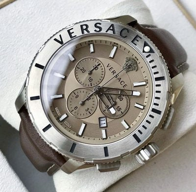 Versace Casual Chronograph watch angled view showing grey dial with chronograph subdials and brown leather strap