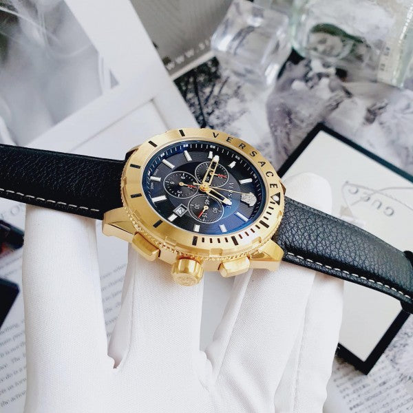 Versace VERG003-18 chronograph watch on black strap with side profile view