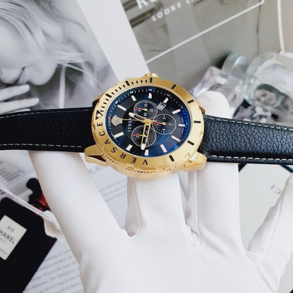 Versace Casual Chronograph VERG003-18 watch at angle showing black leather strap and case