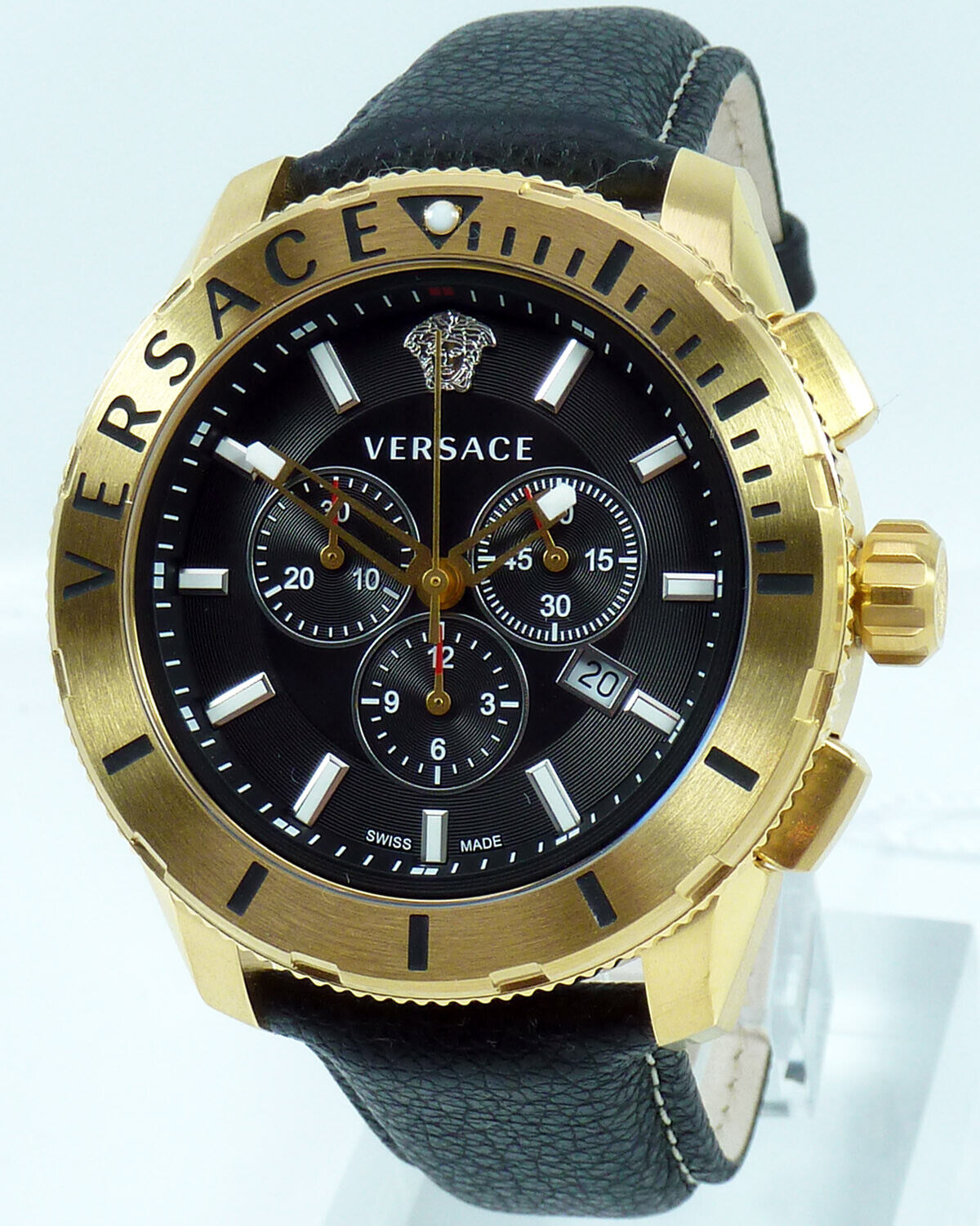 Close-up of Versace VERG003-18 dial showing chronograph subdials and Versace Medusa logo