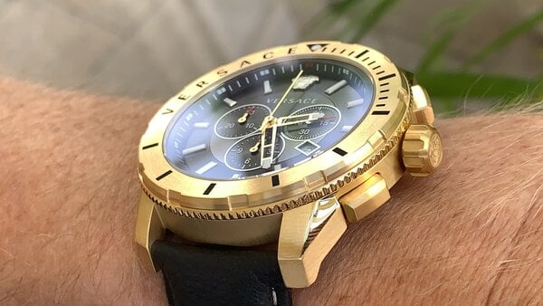 Versace Casual Chronograph VERG003-18 watch on wrist with black leather strap