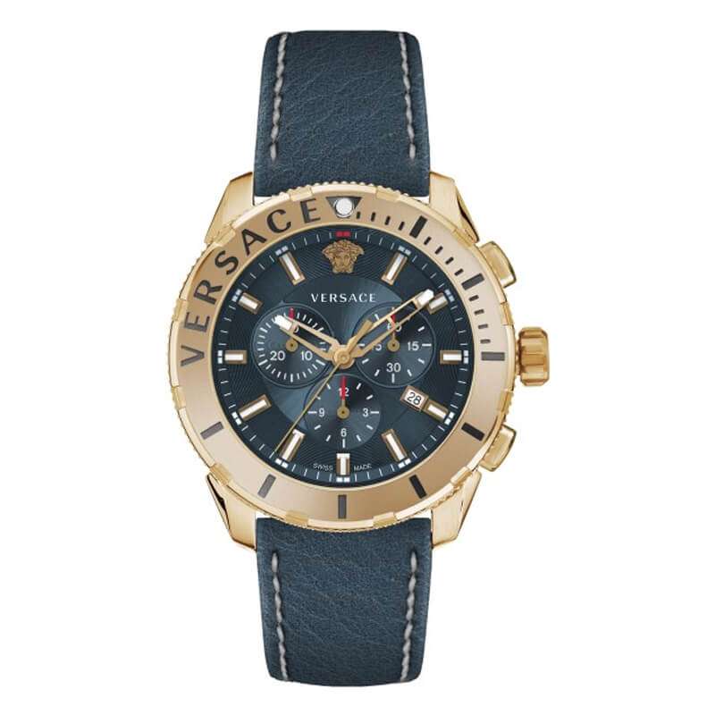 Versace chronograph watch with gold case and blue leather strap showing blue dial