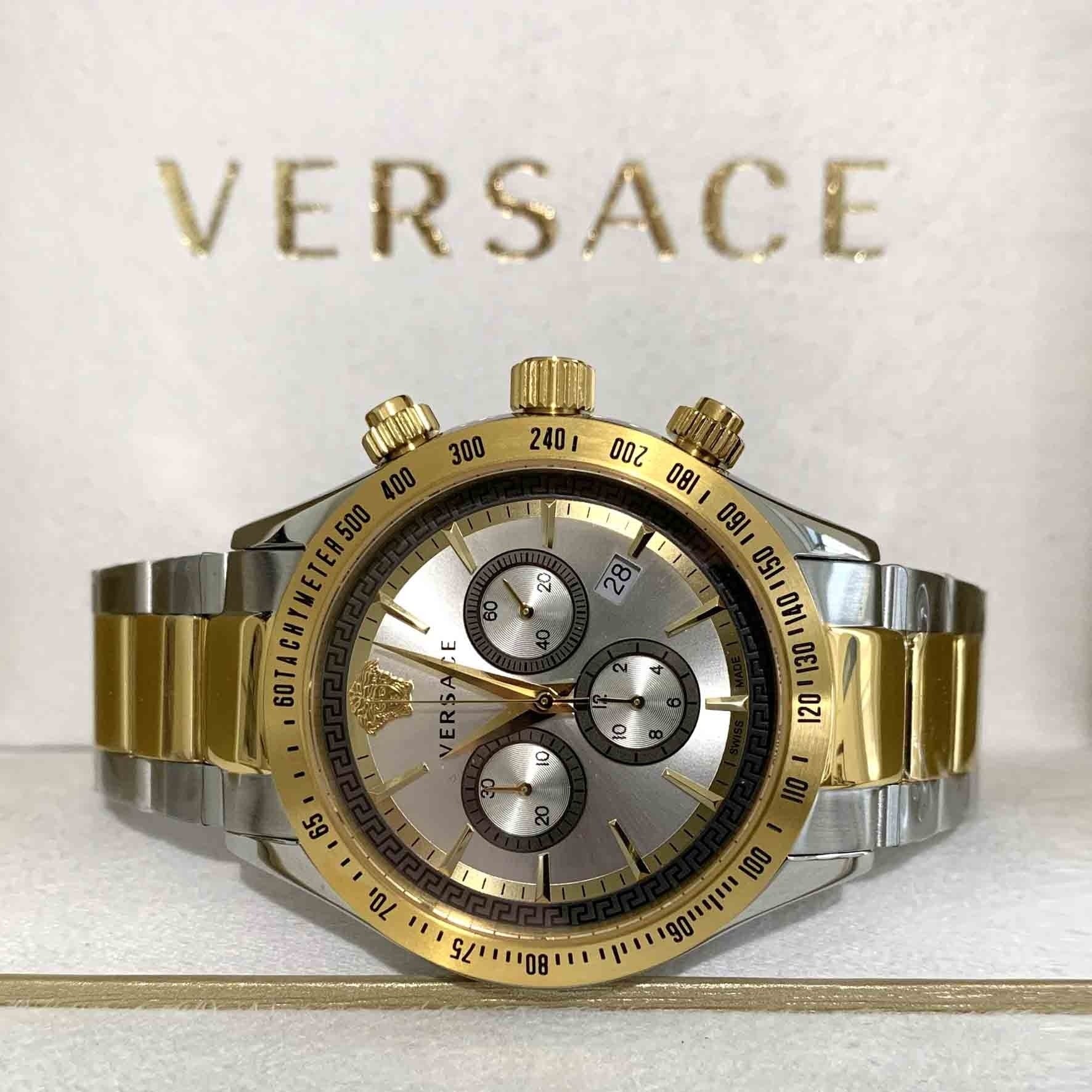 Versace chronograph watch front view on branded background with Versace logo text