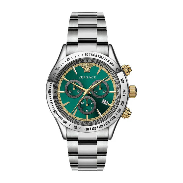 Versace VEV700719 chronograph watch with teal dial and gold accents on stainless steel bracelet