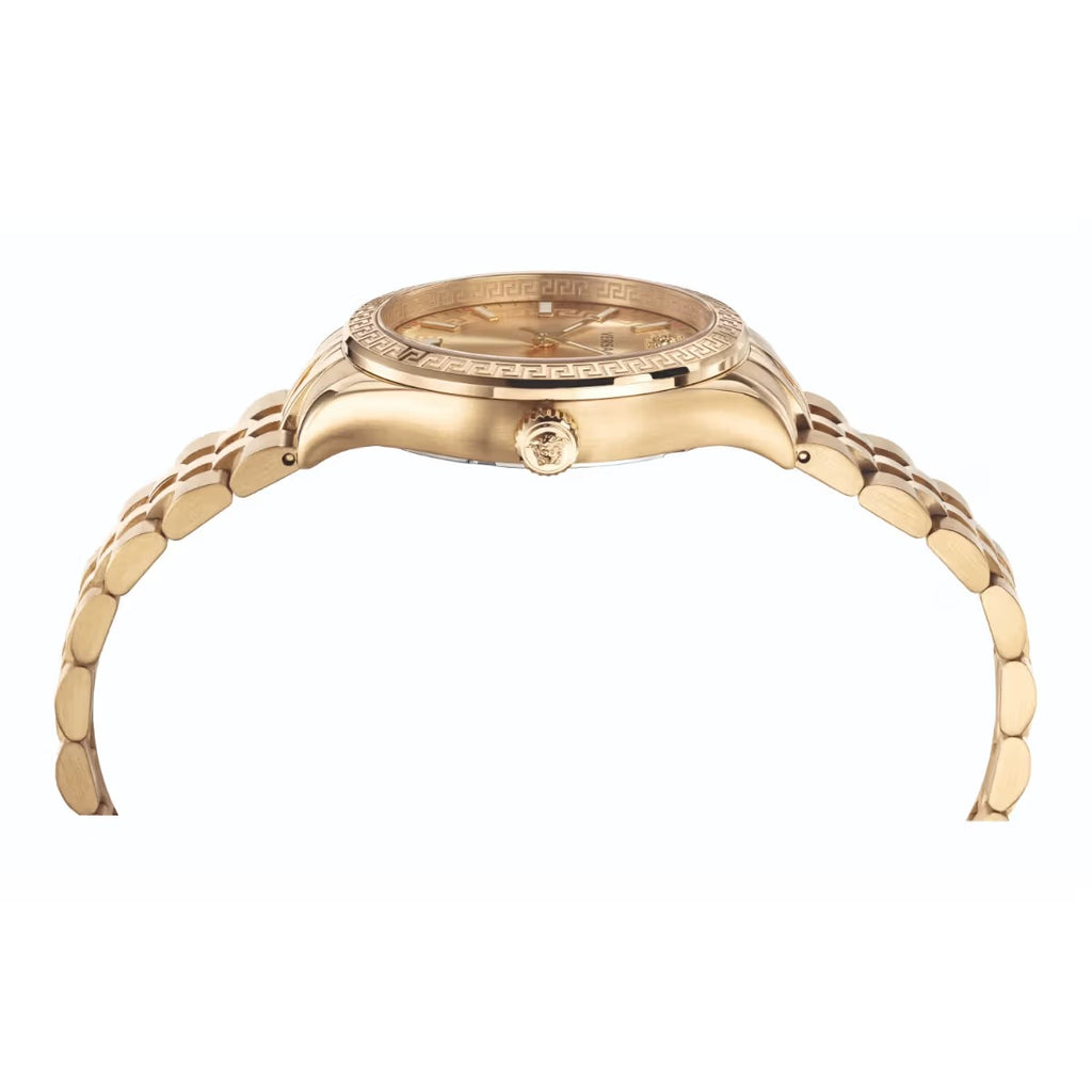 Versace Virtus gold watch top-down view of case and bracelet construction