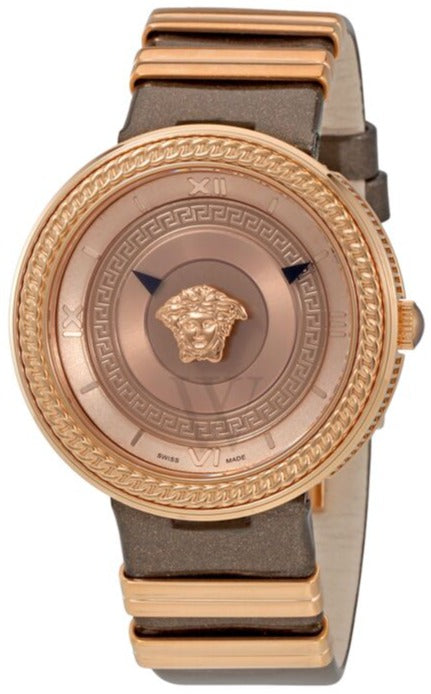 Versace V Metal Icon women's watch with rose-gold dial, Medusa head center, and brown leather strap