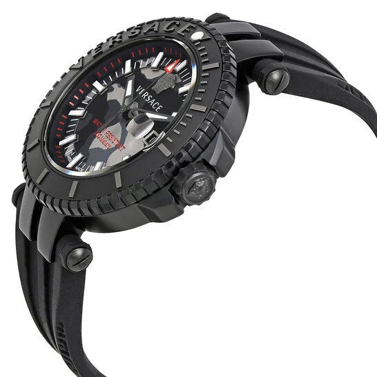 Versace V-Race Diver watch side profile showing black case and rubber strap