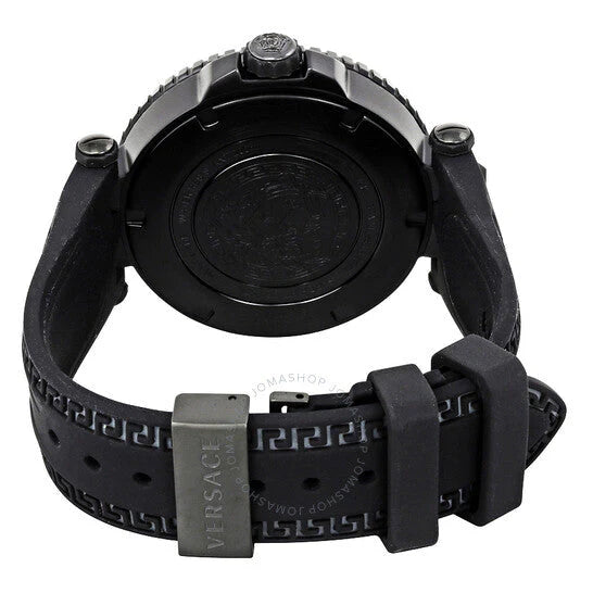 Versace V-Race Diver caseback with black rubber strap and metal buckle