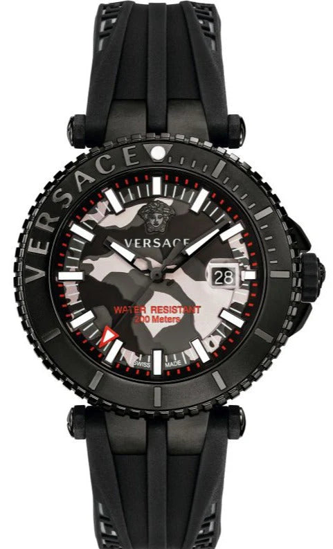 Versace V-Race Diver men's watch with black camo dial and black rubber strap