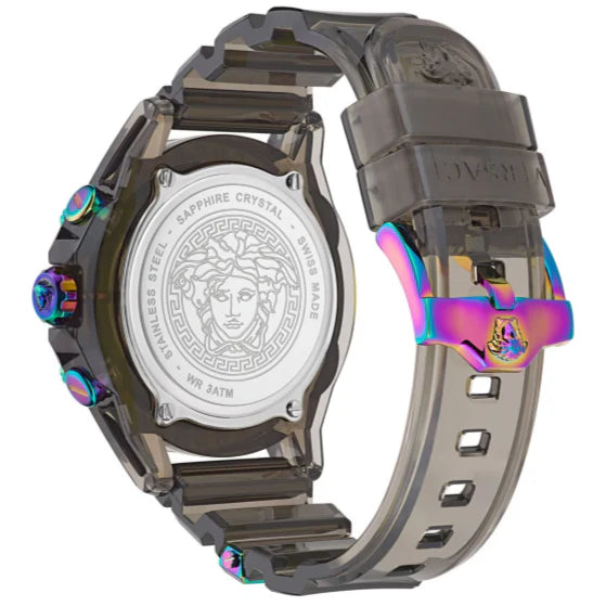 Versace Icon Active caseback showing sapphire crystal with Medusa head logo and grey silicone strap