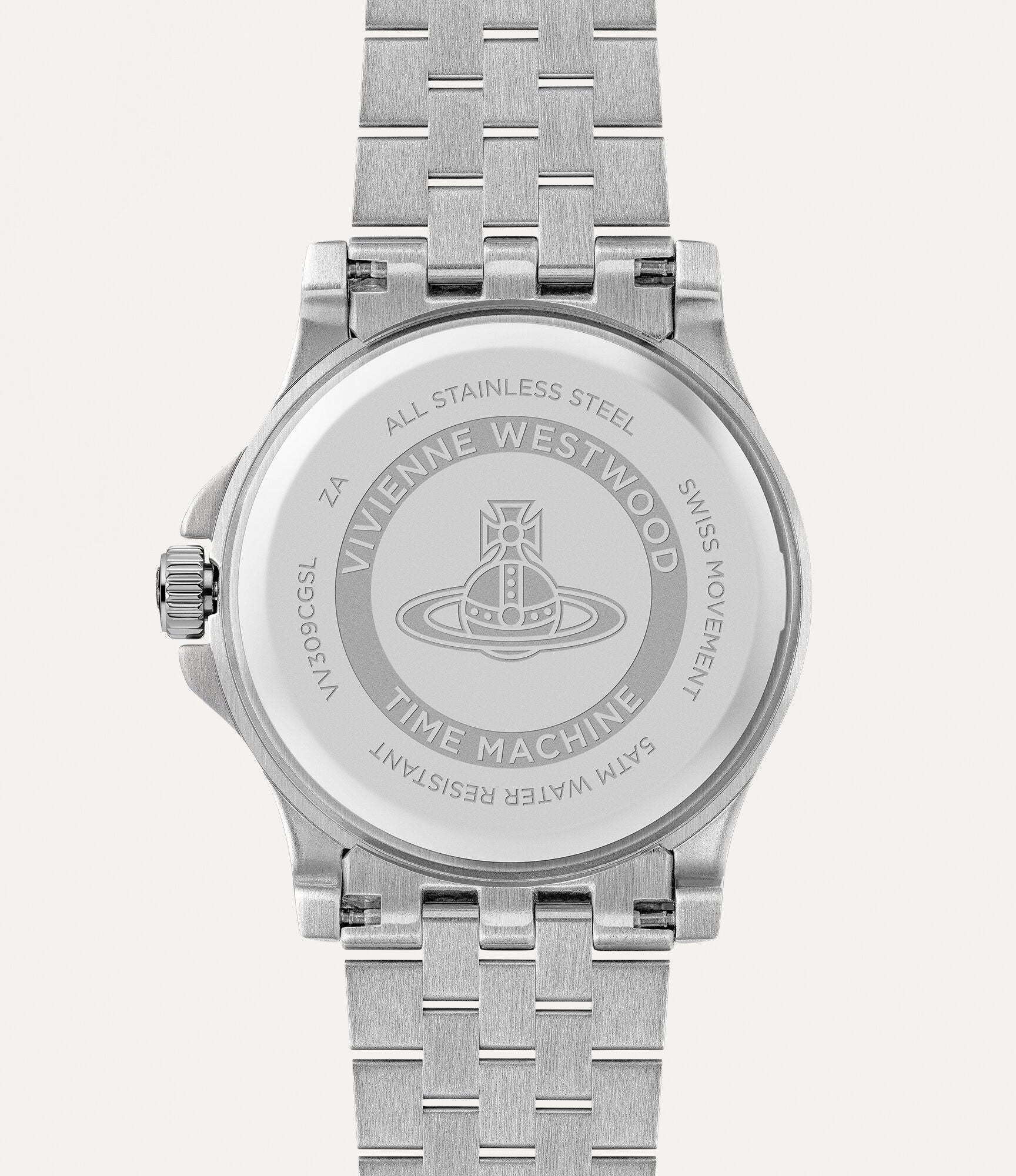 Vivienne Westwood Armour caseback showing stainless steel and Swiss movement text