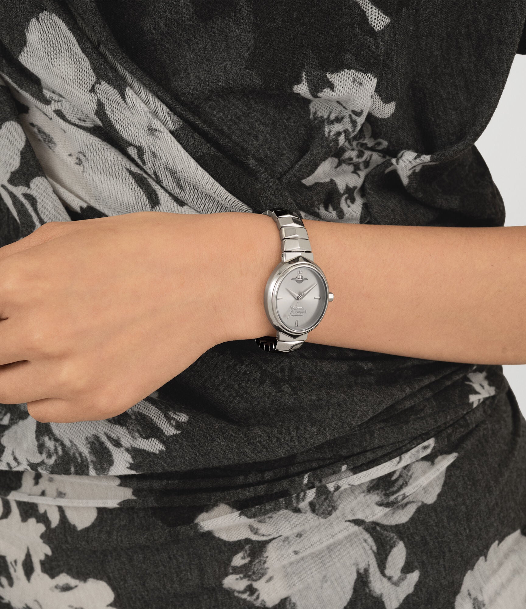 Vivienne Westwood Armour silver watch on wrist showing side profile