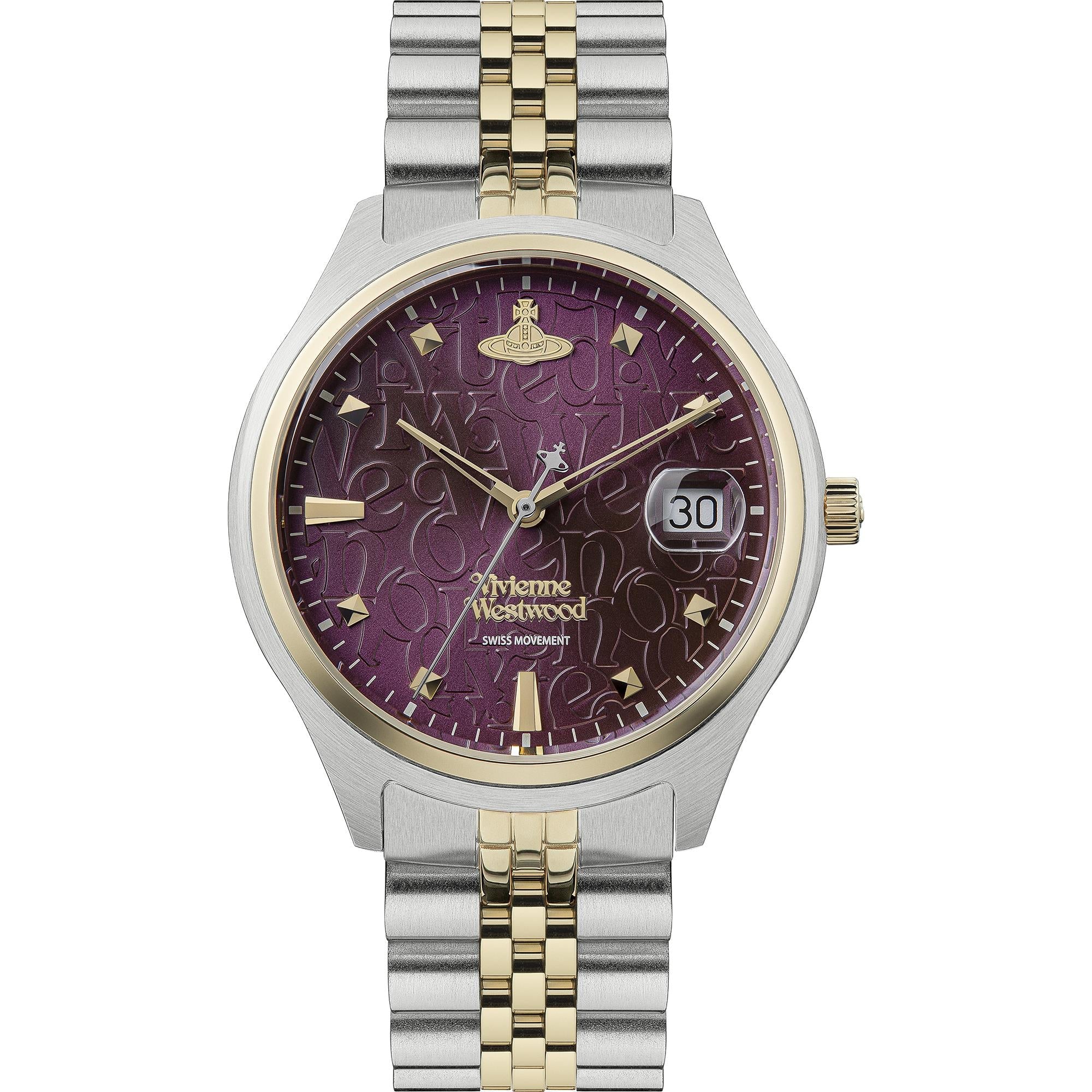 Vivienne Westwood Bloomsbury two-tone ladies watch with purple dial and date window