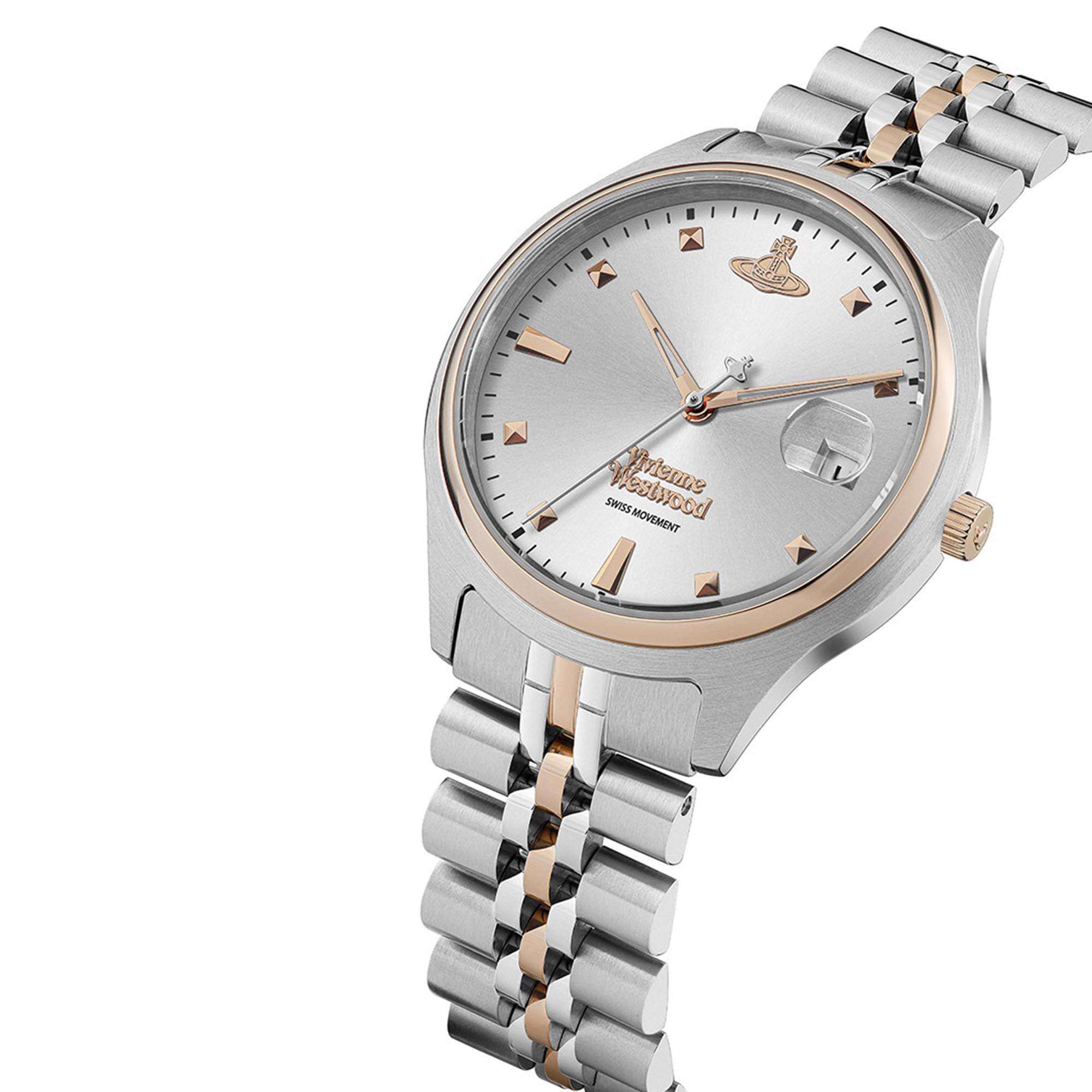 Vivienne Westwood Camberwell watch angled view showing silver dial and rose gold and stainless steel bracelet