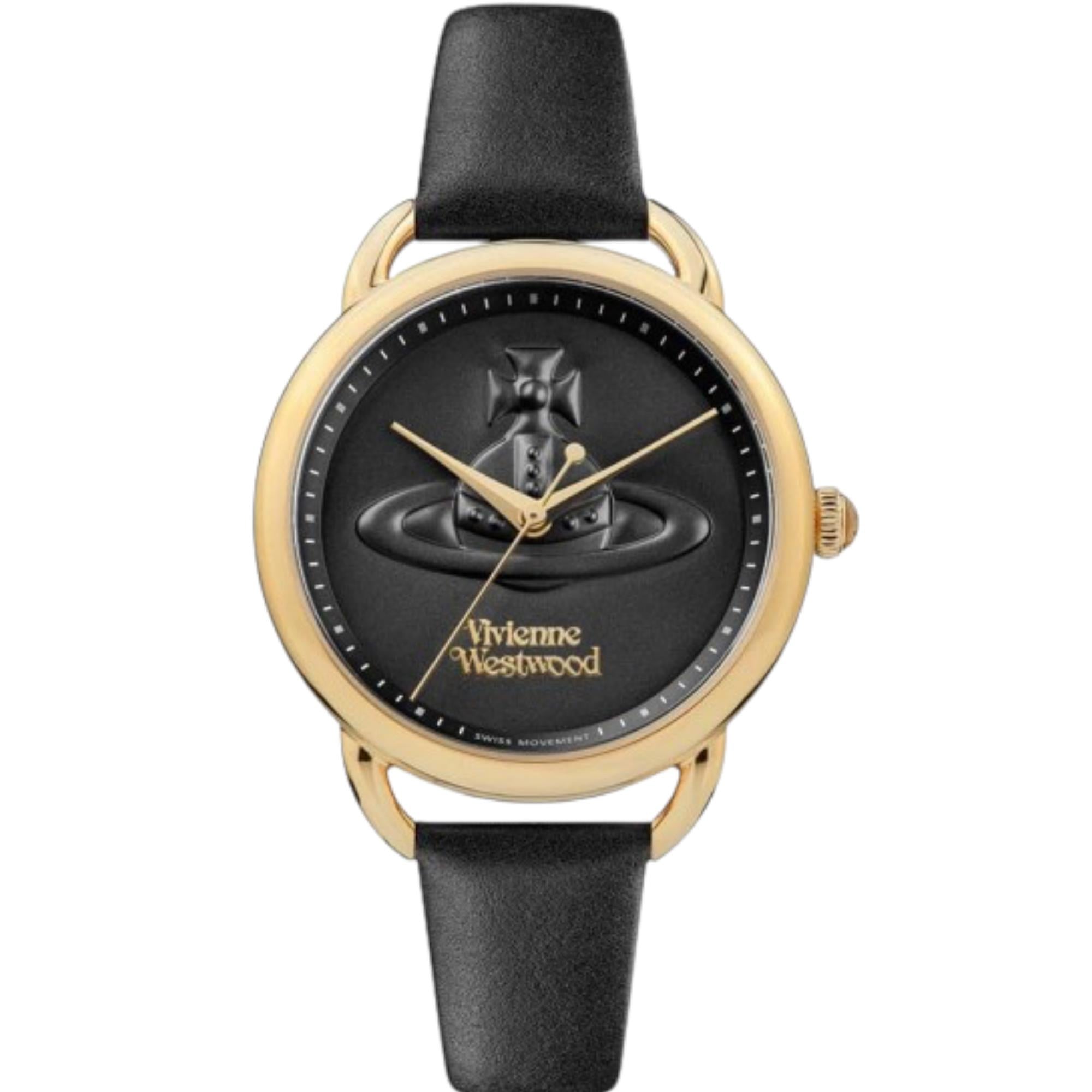 Vivienne Westwood Carnaby watch with black dial, gold case and black leather strap