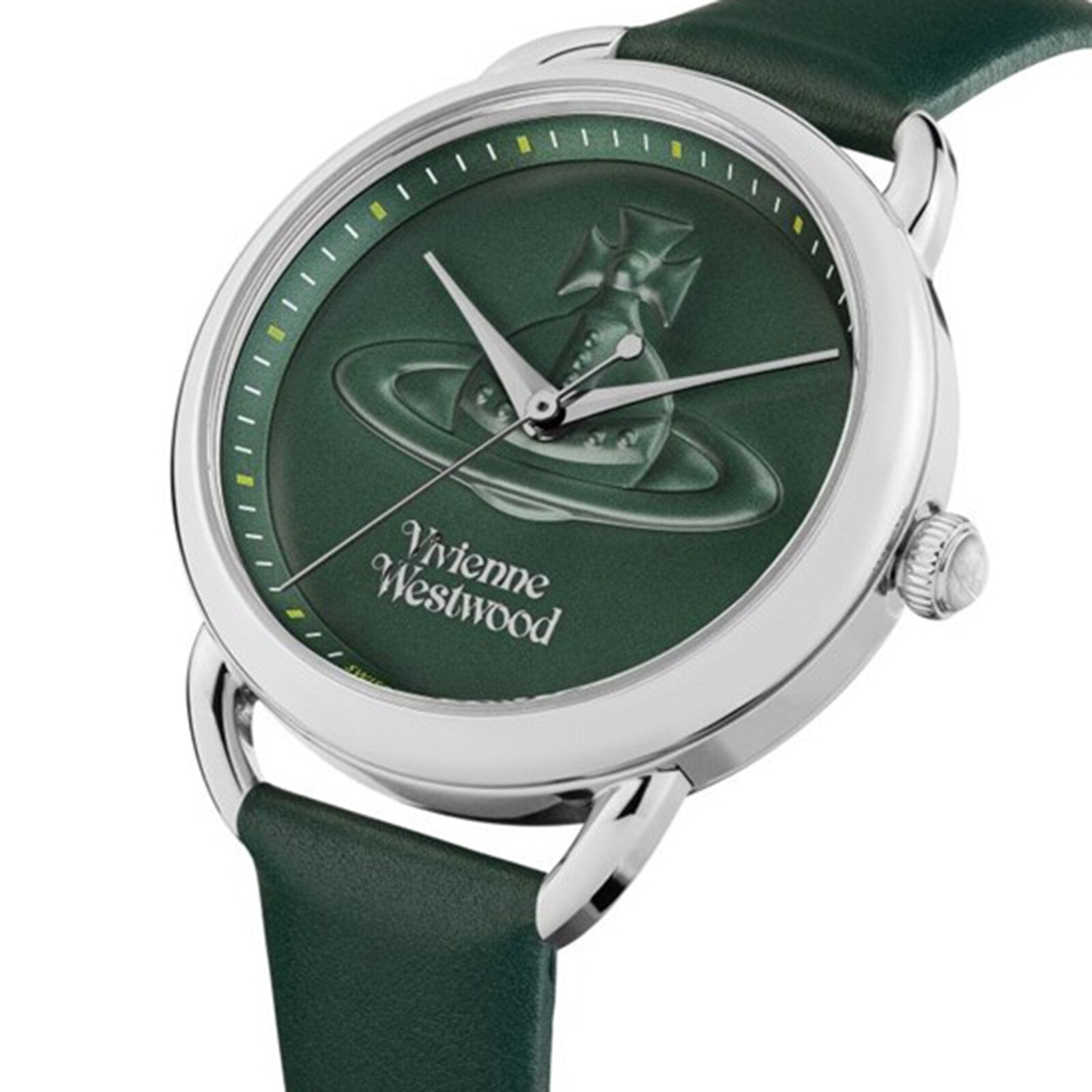 Angled view of Vivienne Westwood Carnaby watch showing green dial and leather strap