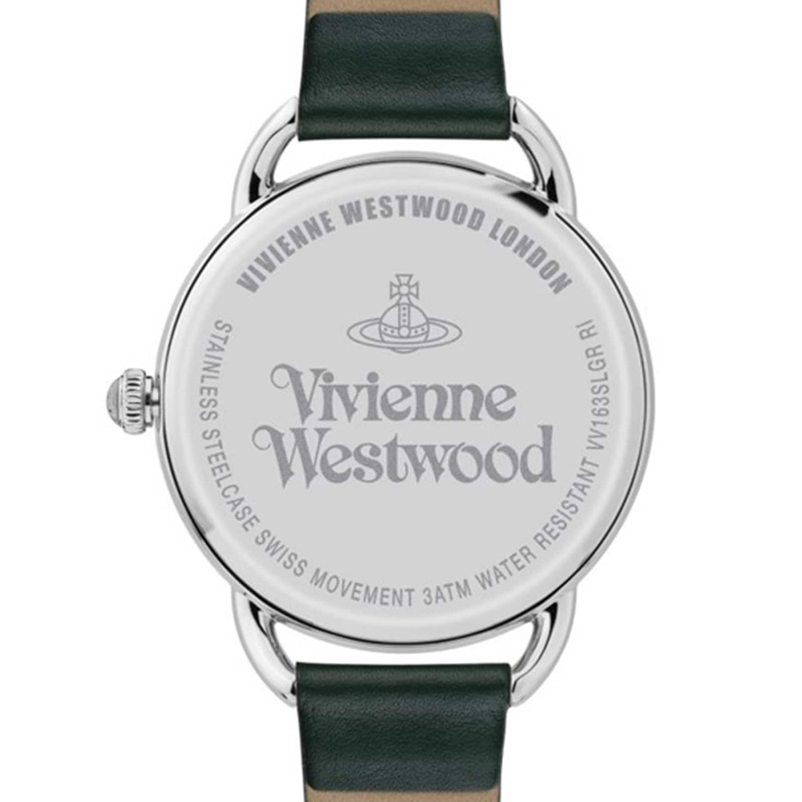 Vivienne Westwood Carnaby caseback with engraved branding, orb logo, and Swiss movement details