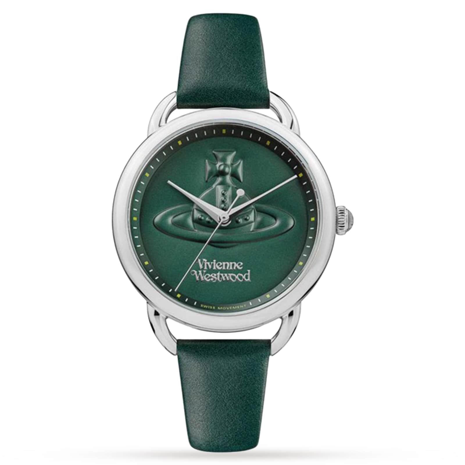 Vivienne Westwood Carnaby women's watch with green dial, orb logo, and green leather strap
