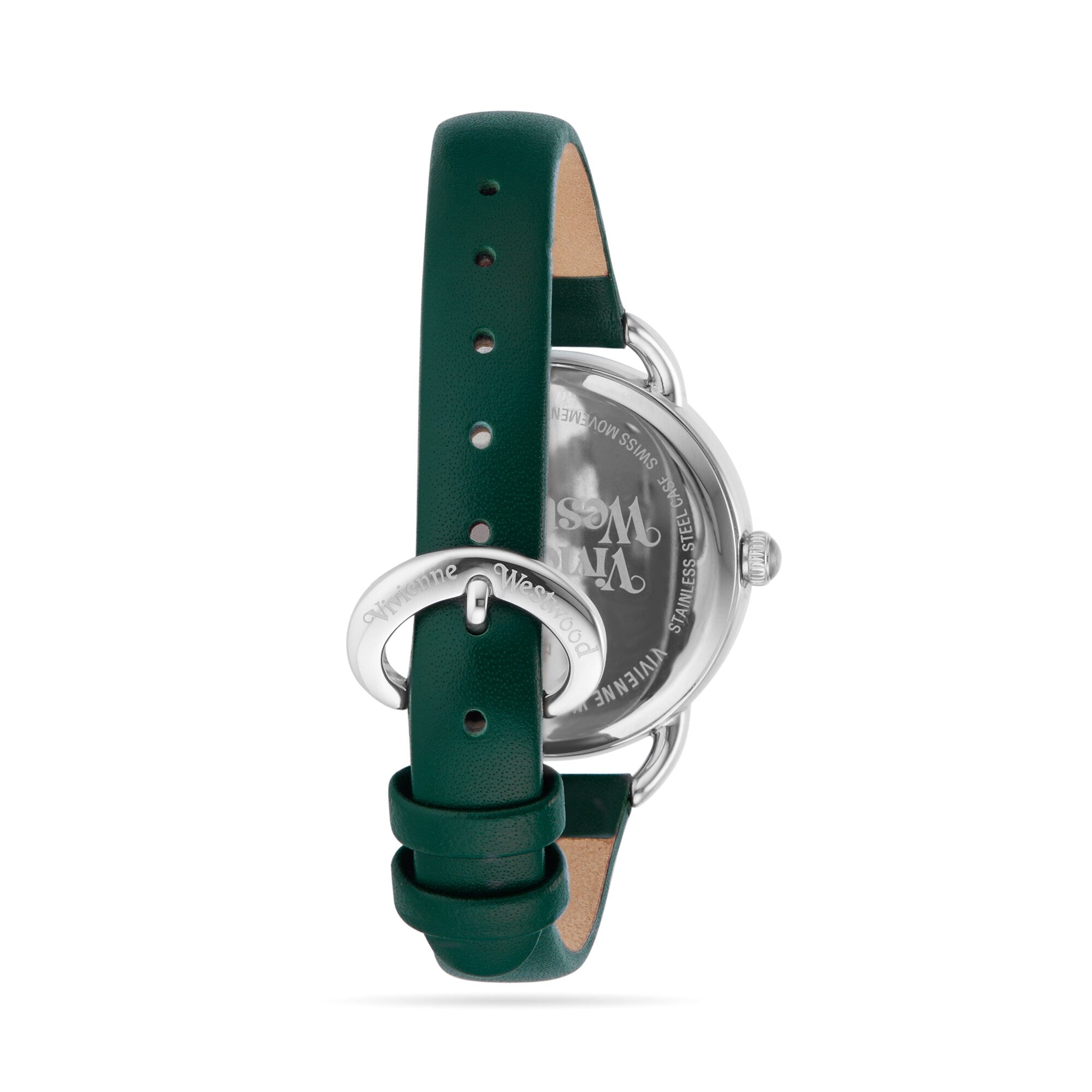 Green leather strap detail of Vivienne Westwood Carnaby watch with buckle closure