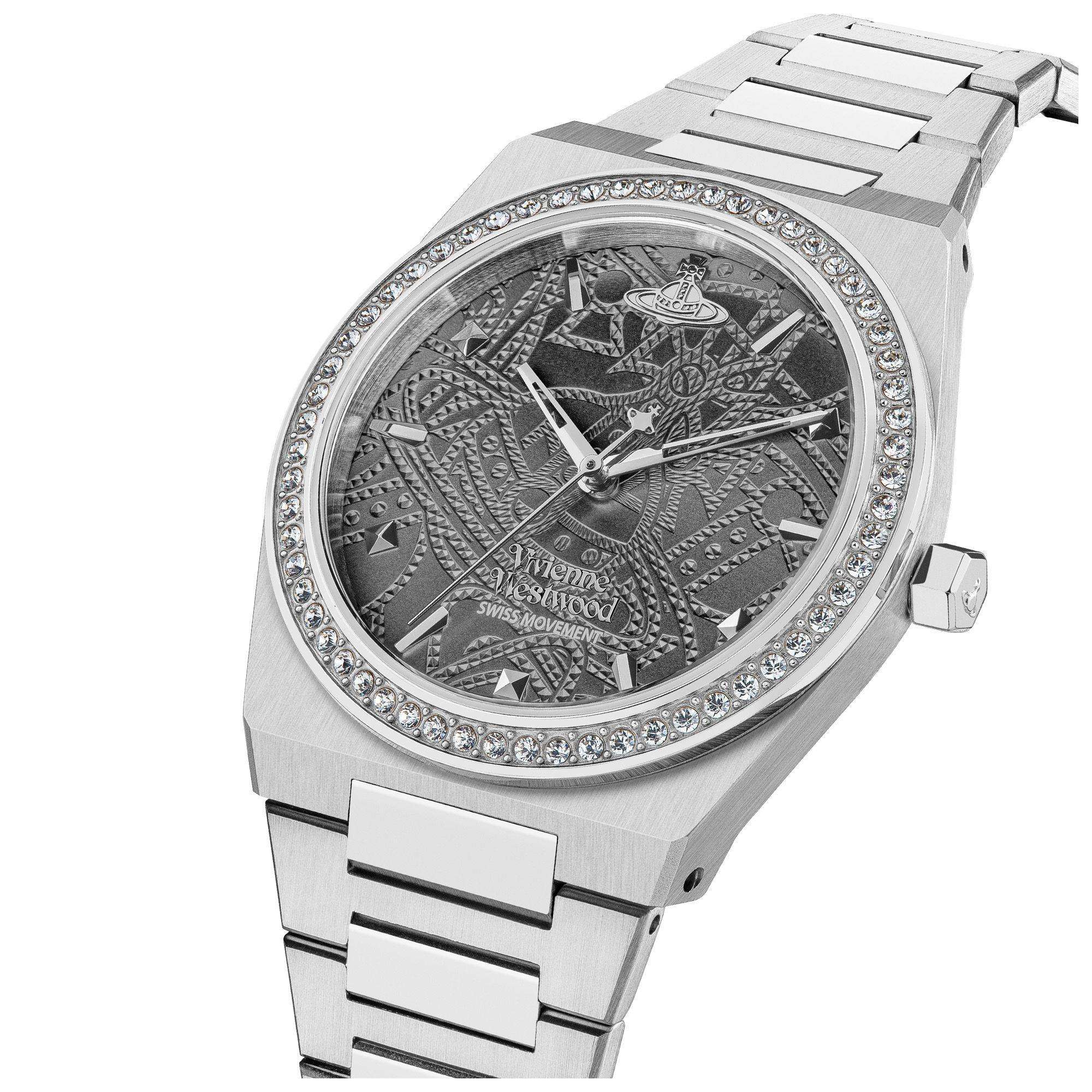 Vivienne Westwood Charterhouse women's watch angled view showing grey dial and stainless steel bracelet
