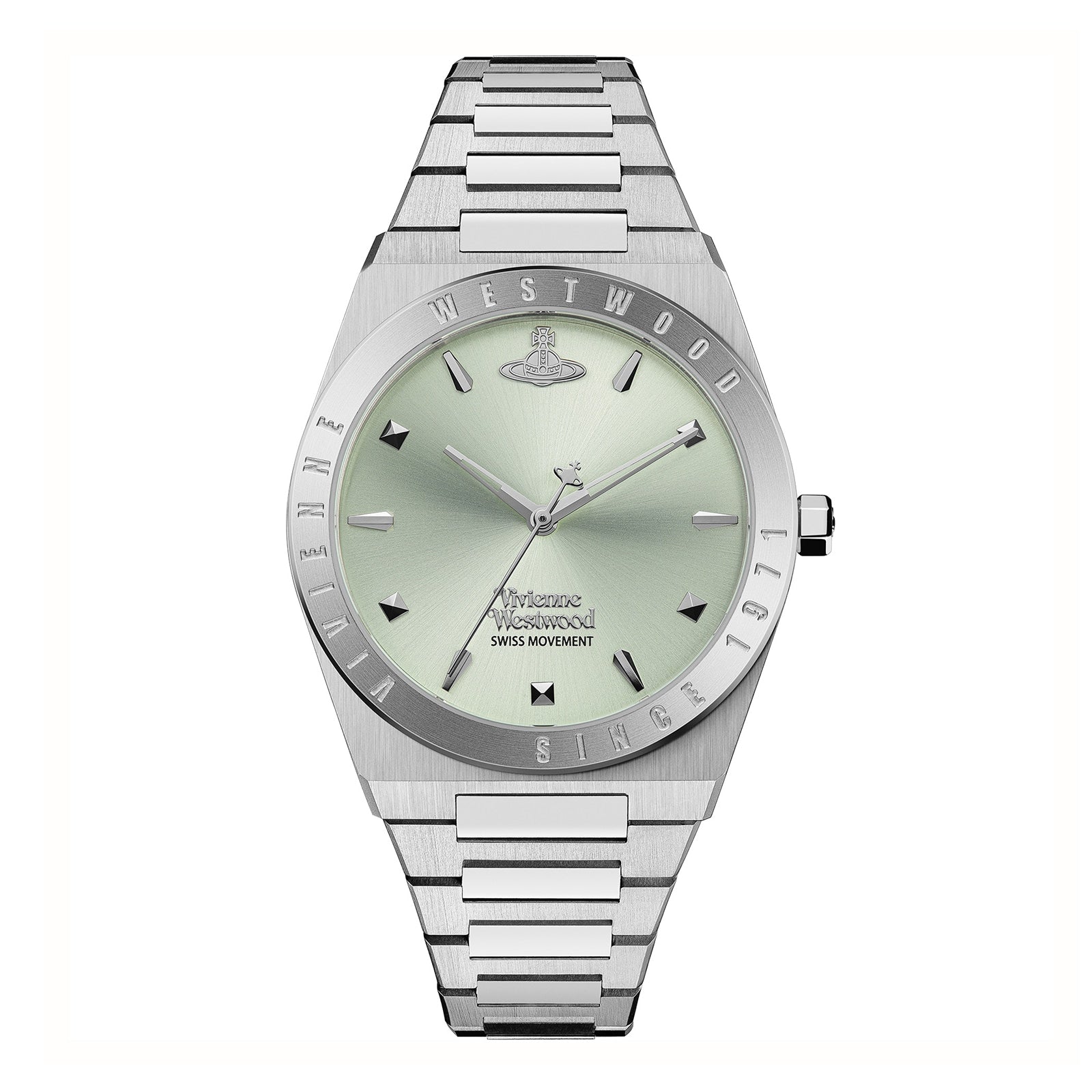 Vivienne Westwood Charterhouse women's watch with pale green dial and steel strap, full view