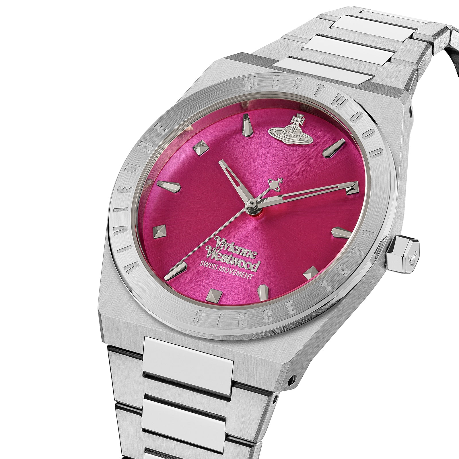 Angled view of Vivienne Westwood Charterhouse watch showing pink dial and steel bracelet detail