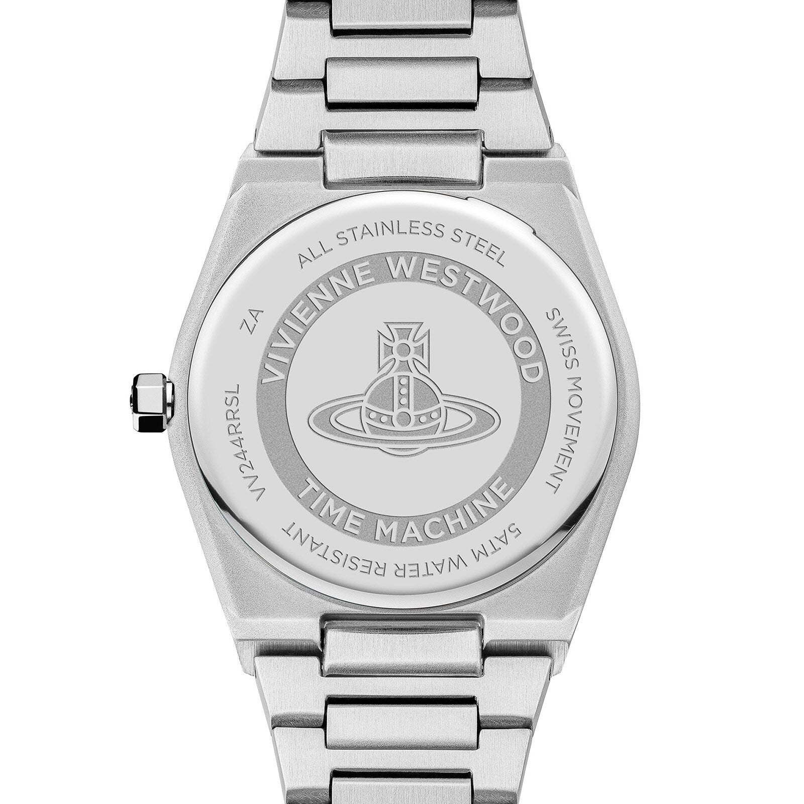 Stainless steel case back engraved with Vivienne Westwood branding and Time Machine logo