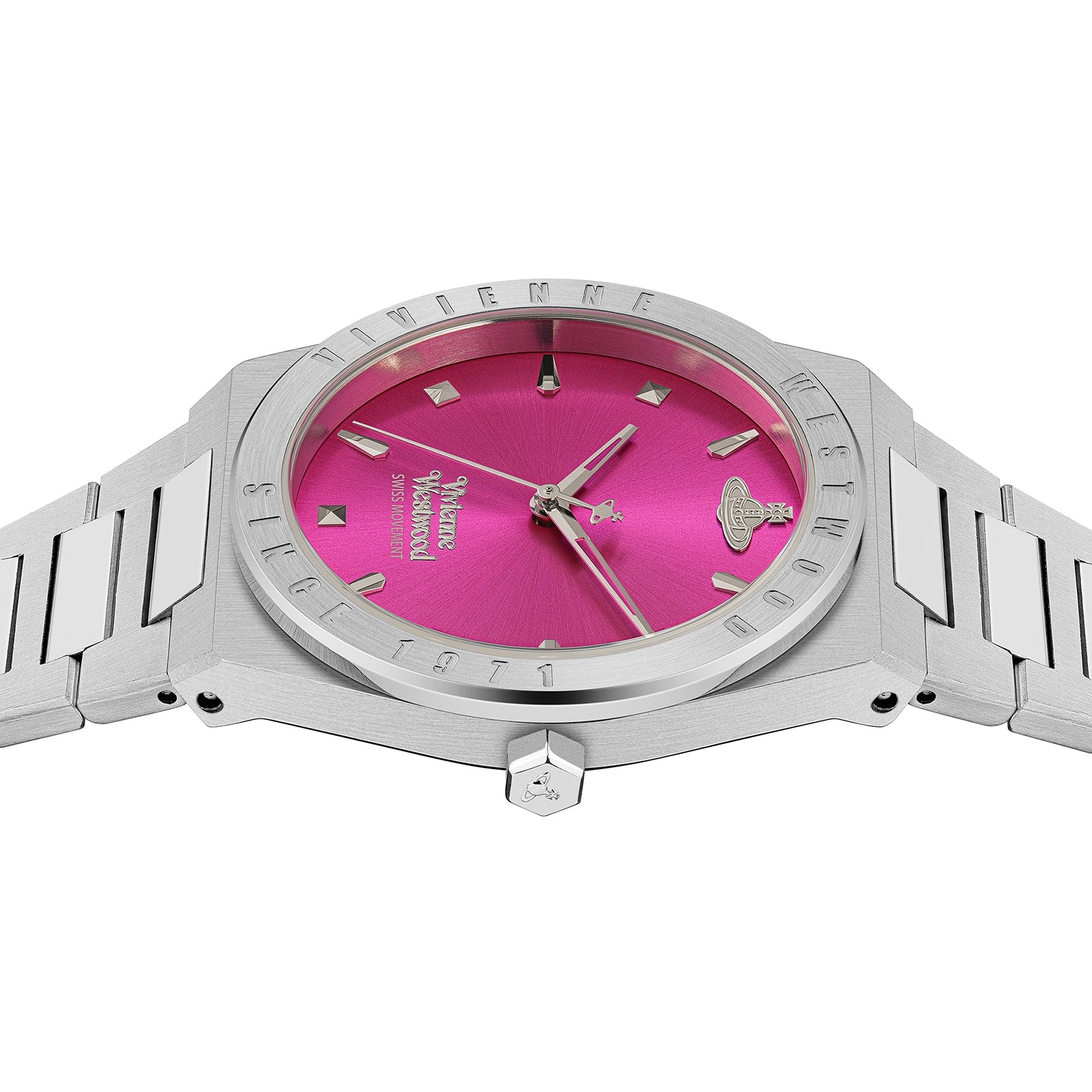 Close-up of Charterhouse watch dial with hot pink face, silver markers, and Vivienne Westwood branding