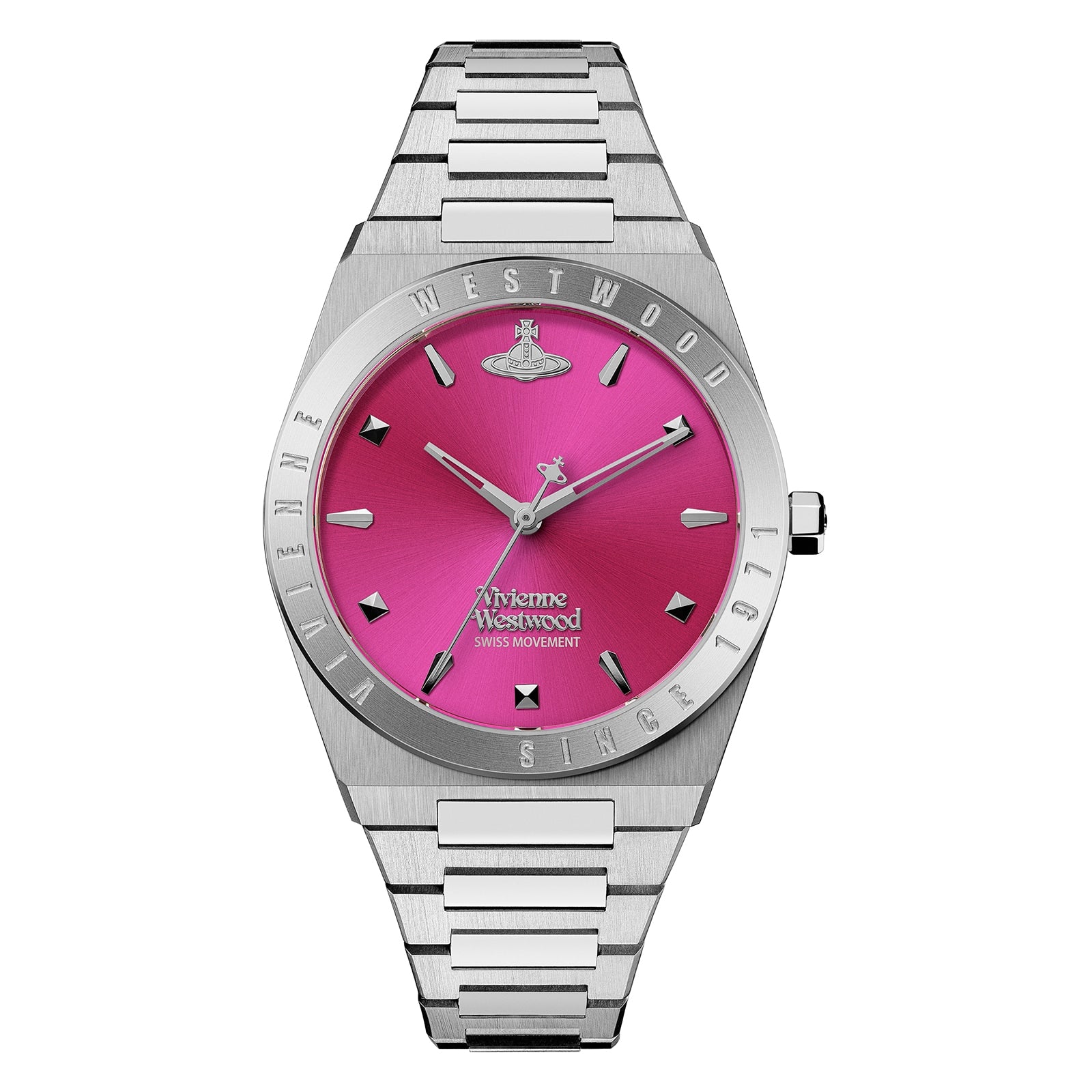 Vivienne Westwood Charterhouse 34mm watch with hot pink dial and silver stainless steel bracelet