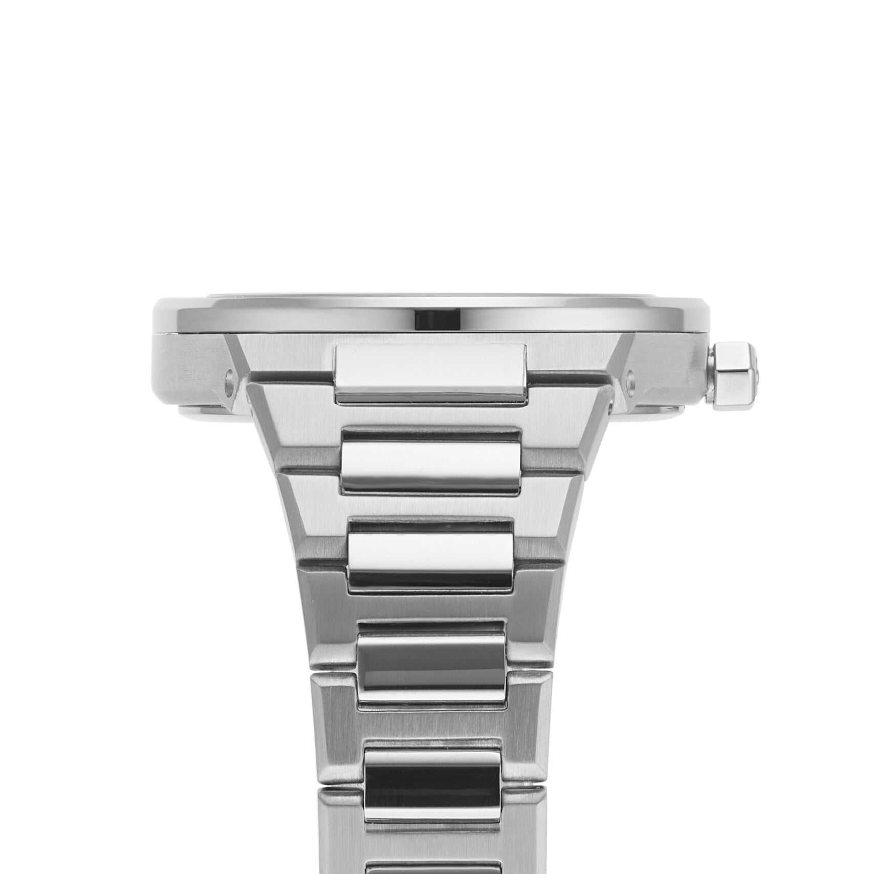 Close-up of Charterhouse stainless steel bracelet with polished and brushed link detail