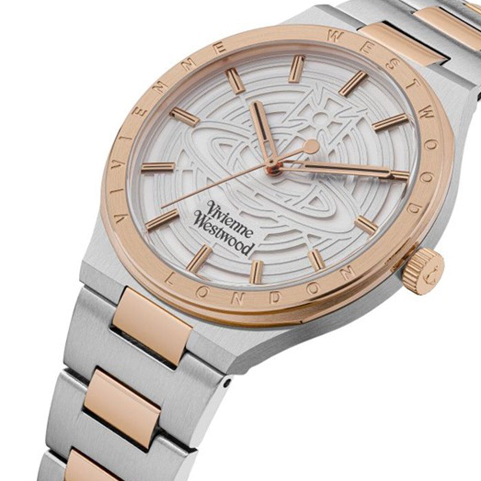 Angled view of Vivienne Westwood ELTHAM watch displaying rose gold bezel and two-tone bracelet