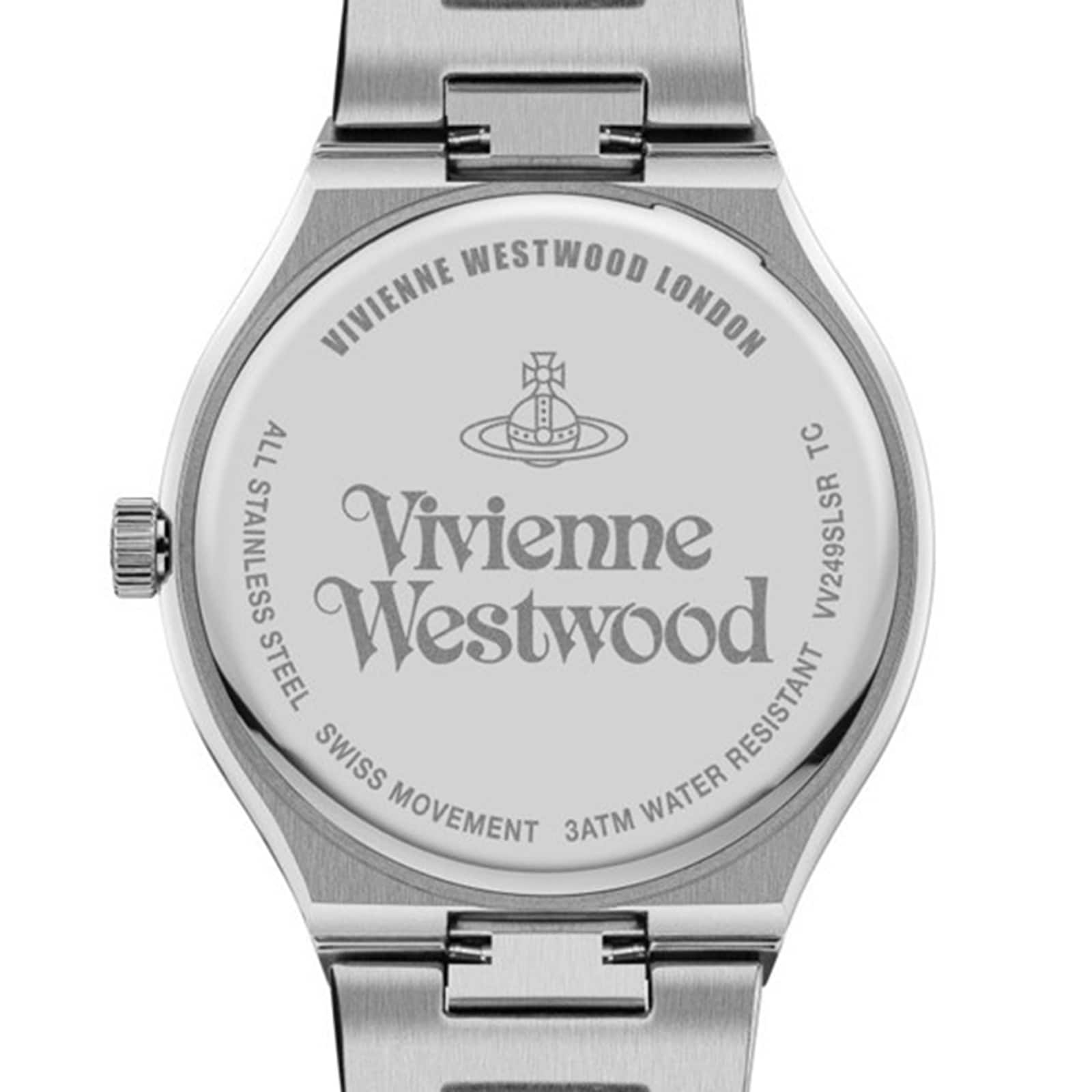 Caseback of Vivienne Westwood ELTHAM watch showing Swiss movement and 3ATM water resistance