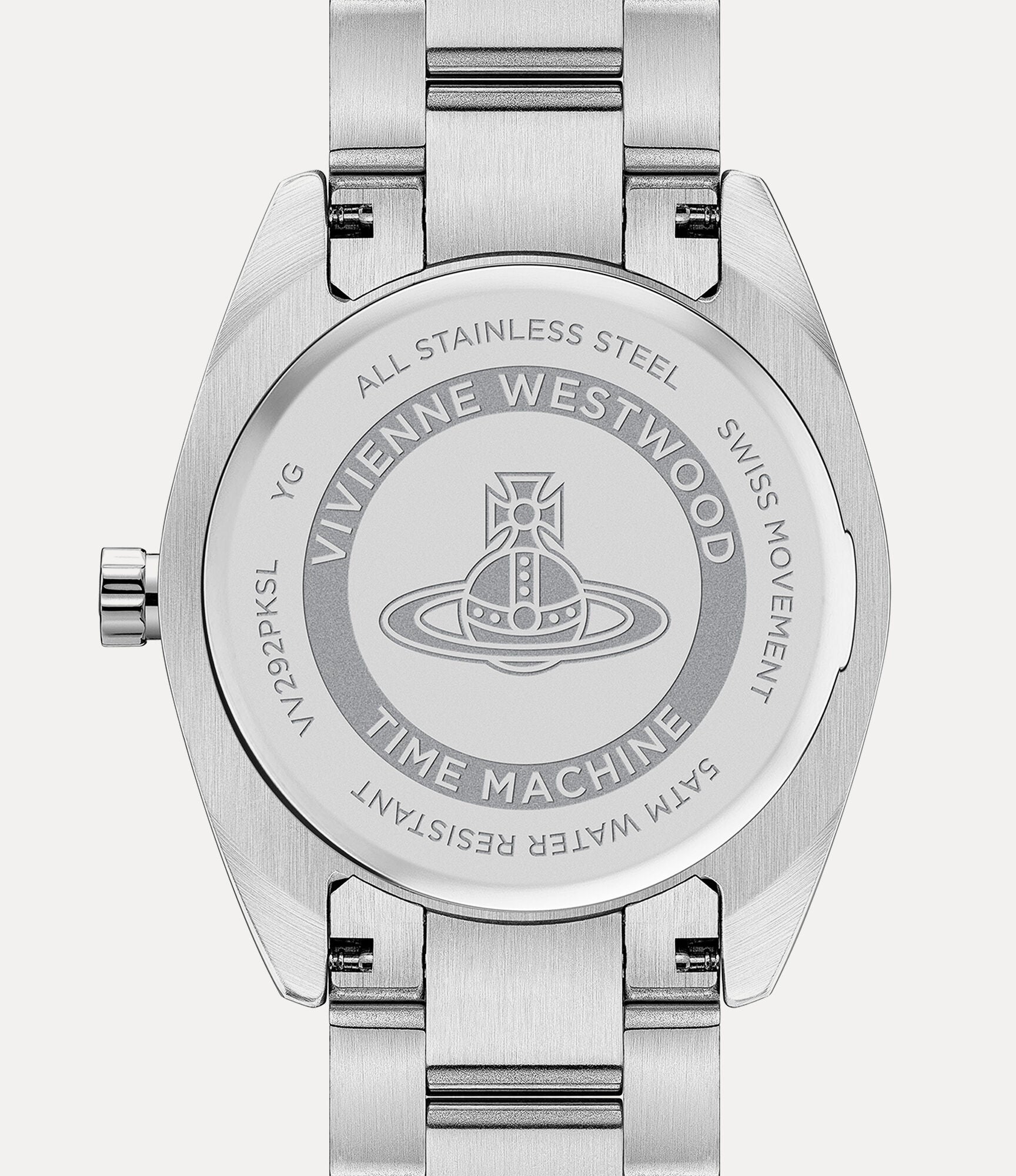 Vivienne Westwood Fenchurch caseback engraved with 'All Stainless Steel' and Vivienne Westwood Time Machine branding
