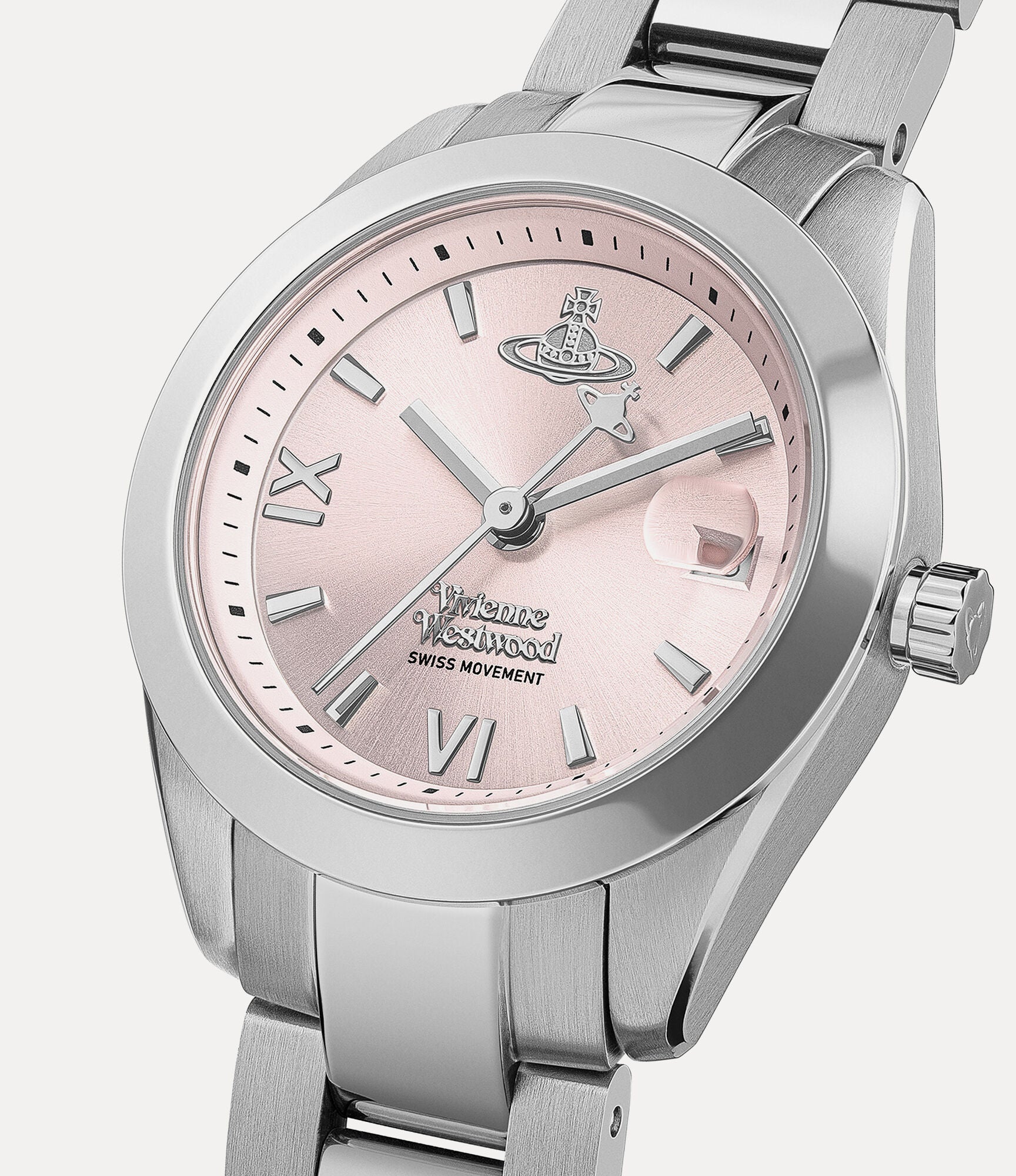 Vivienne Westwood Fenchurch dial detail with pink face, Roman numerals, and Vivienne Westwood branding