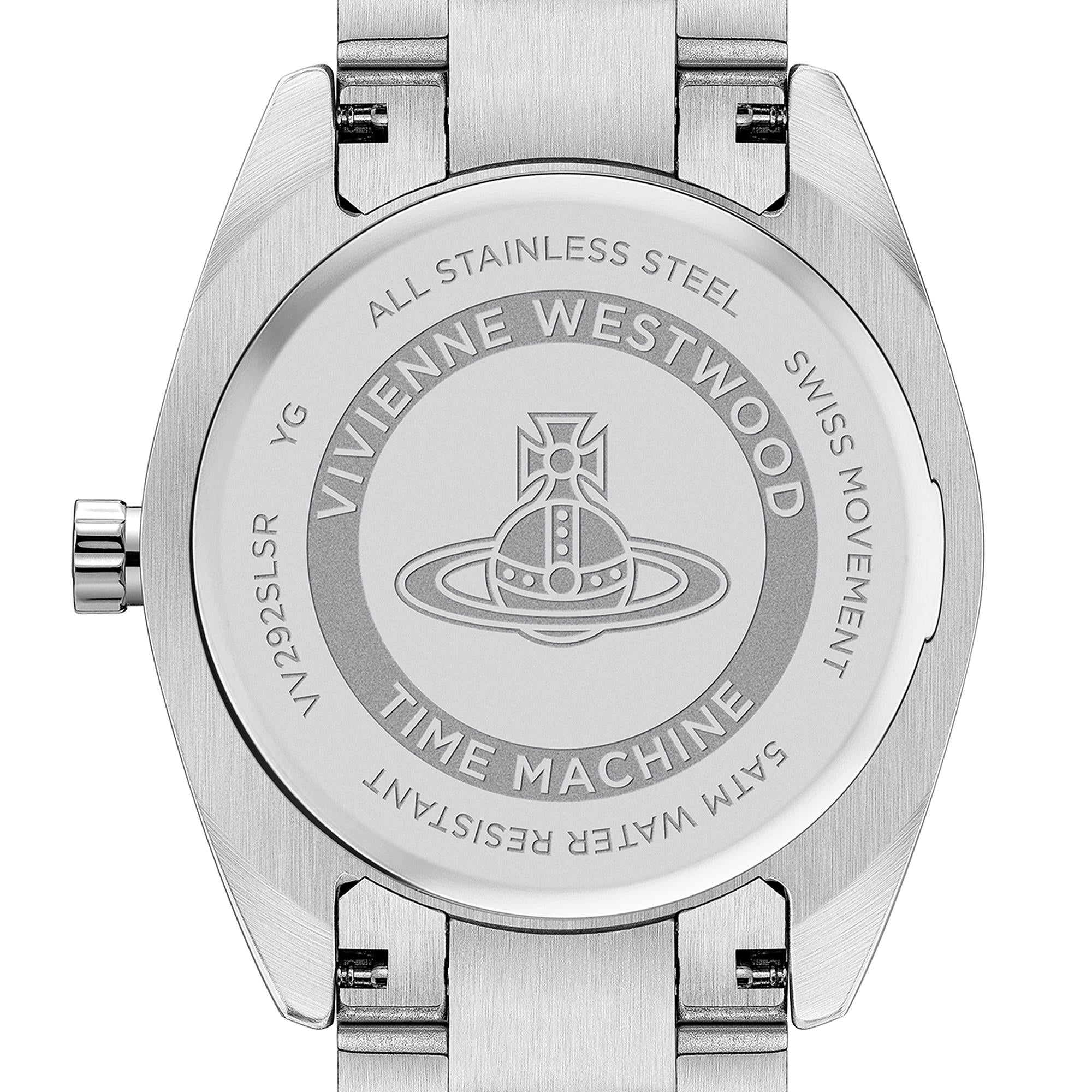 Vivienne Westwood Fenchurch stainless steel caseback with logo, 'All Stainless Steel', and Swiss movement text