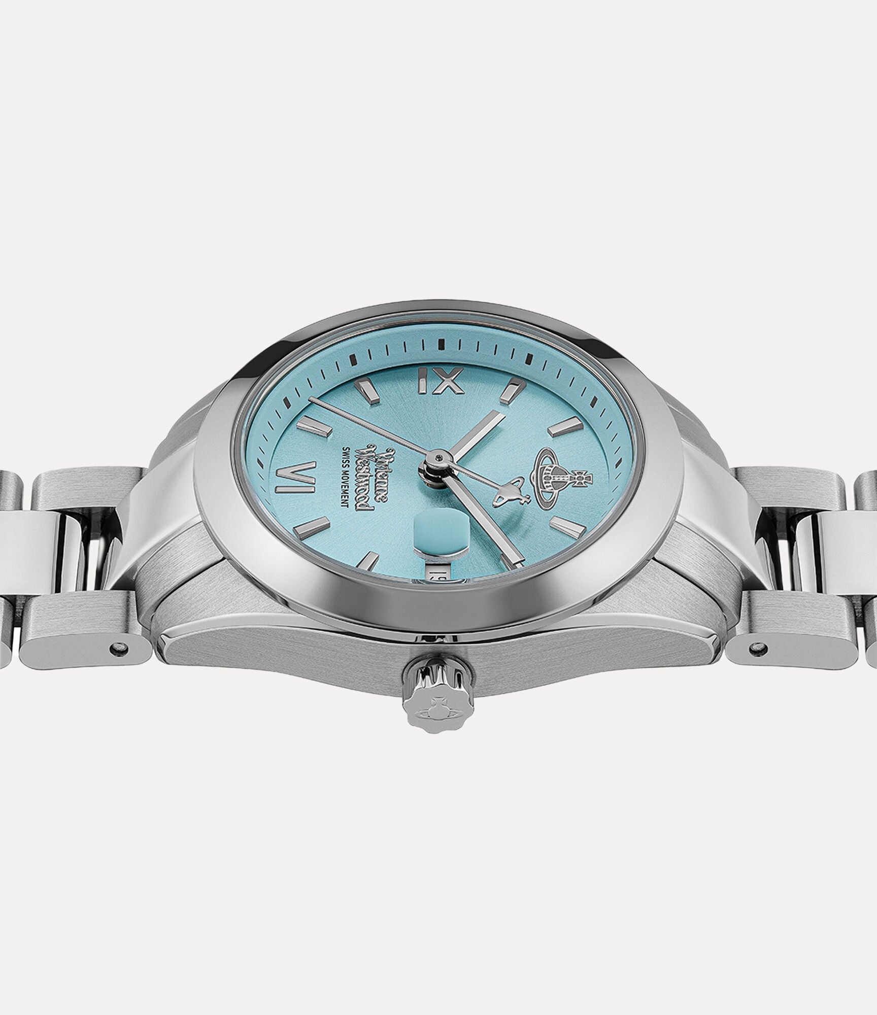 Vivienne Westwood Fenchurch ladies watch angled view showing silver case, turquoise dial and stainless steel strap