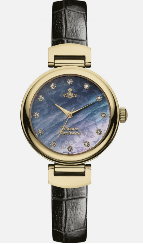 Vivienne Westwood Hampton women's watch with gold case, blue gradient dial with star hour markers, and black leather strap