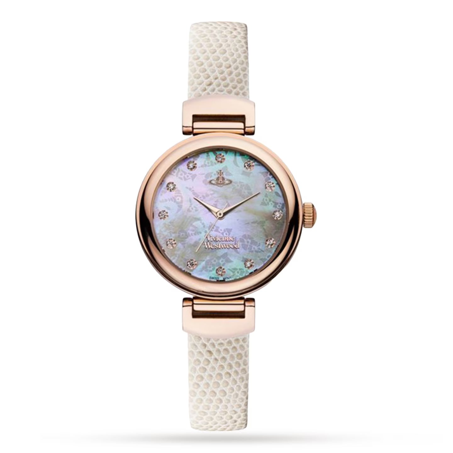 Vivienne Westwood Hampton 32mm ladies watch with rose gold case and cream textured strap