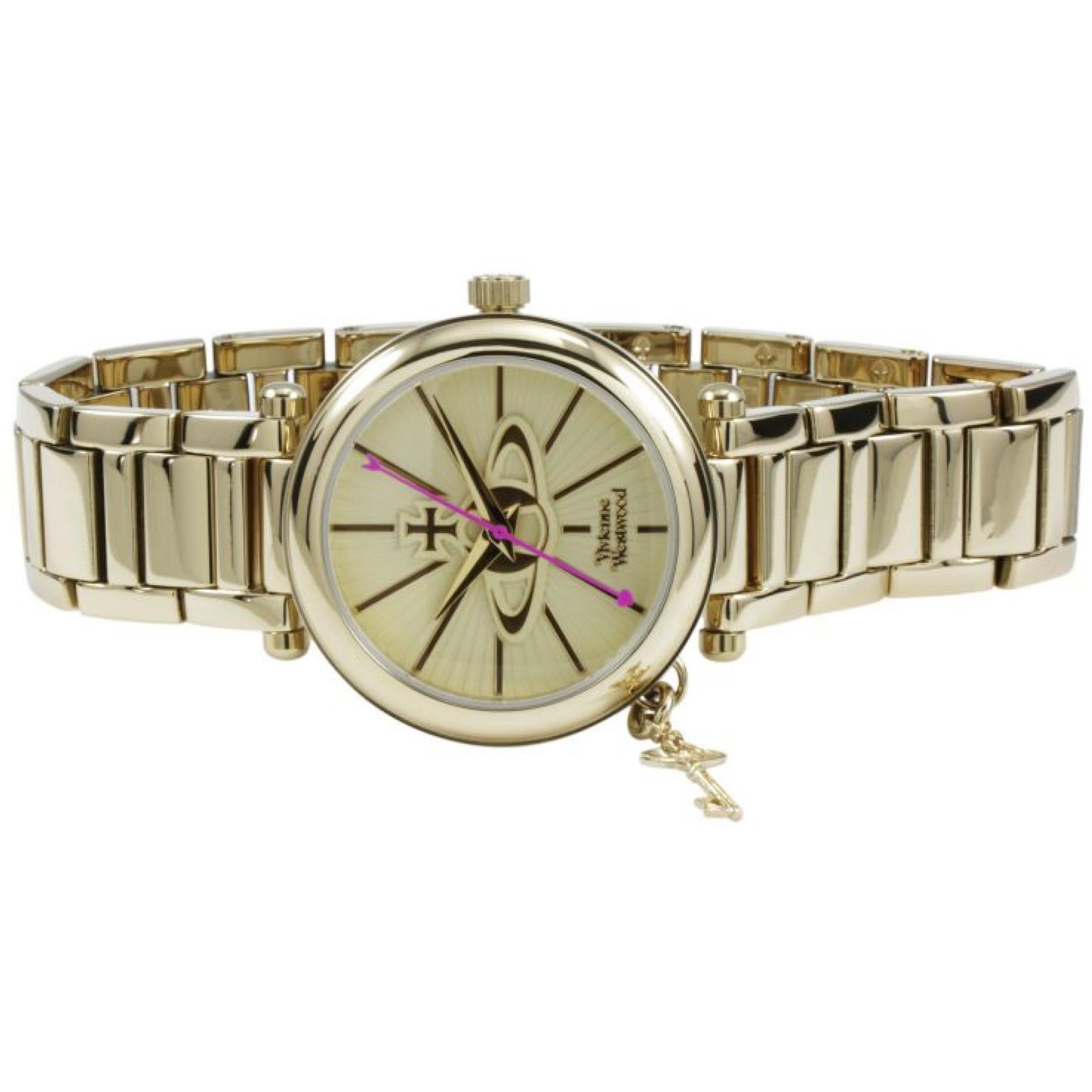 Three-quarter view of gold Kensington watch showing sunburst dial and articulated gold bracelet
