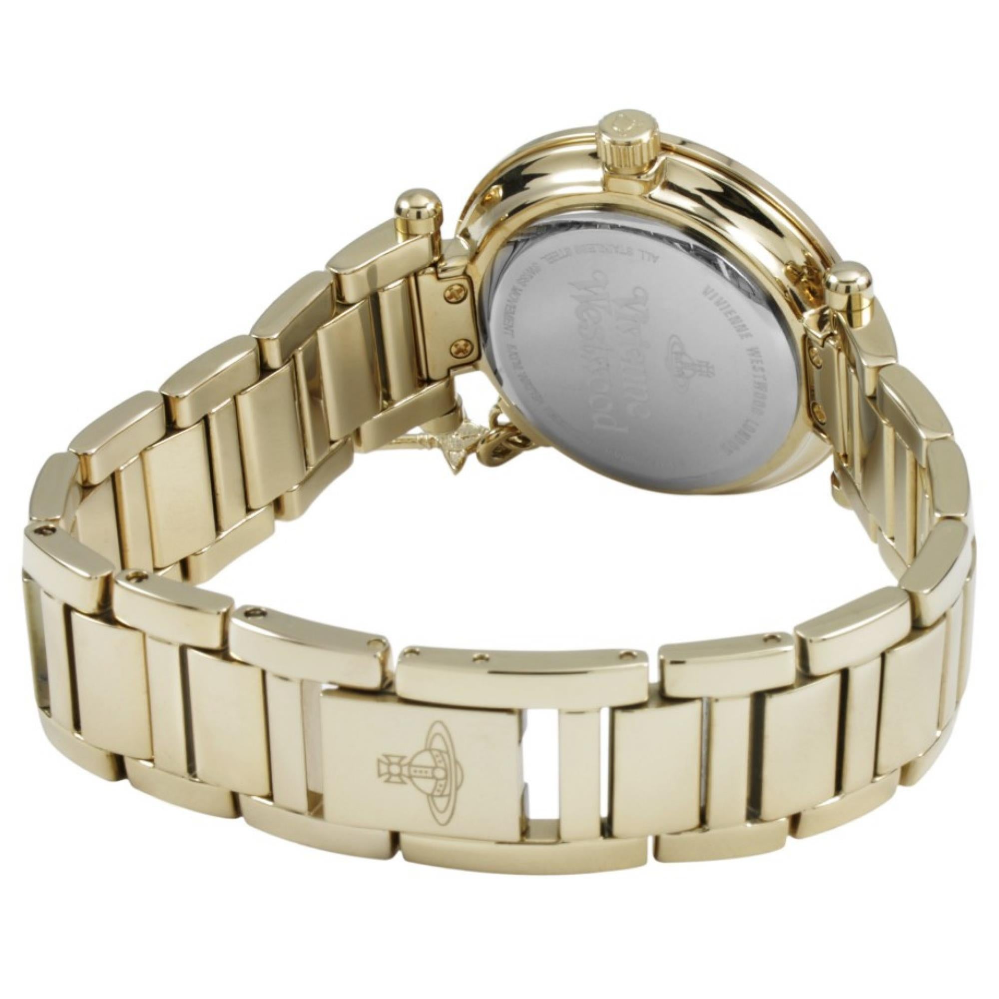 Caseback view of Vivienne Westwood Kensington watch displaying gold plate and Westwood orb logo