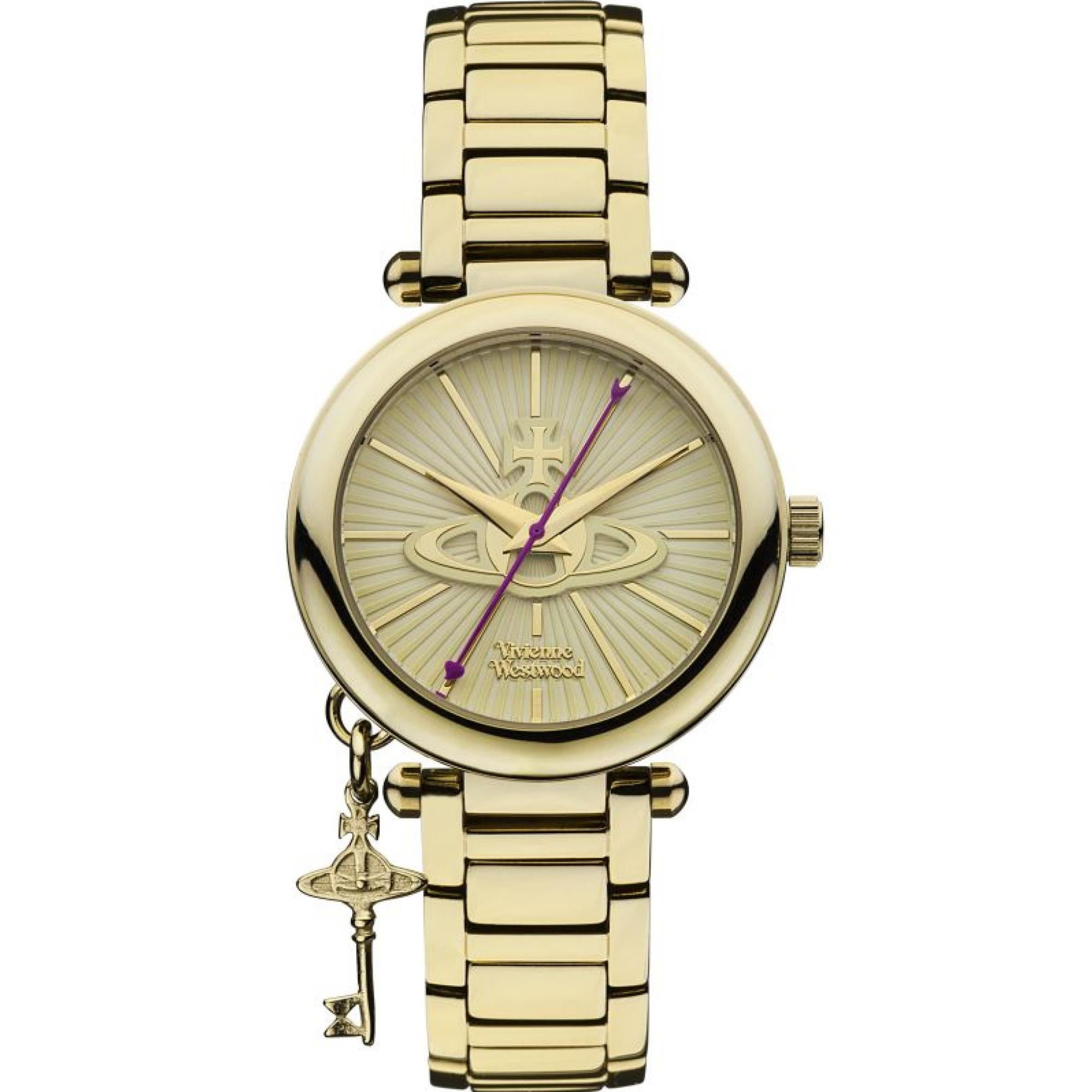 Gold-plated Vivienne Westwood Kensington watch with orb dial and key charm on gold bracelet