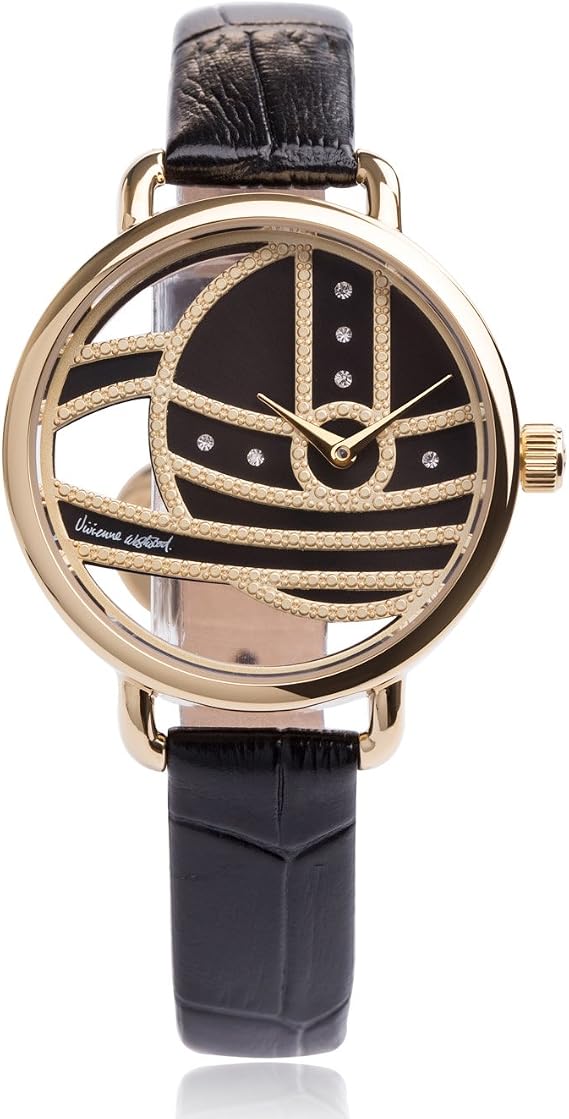 Vivienne Westwood Ladbroke women's watch with gold-tone case, black dial with orb design, and black leather strap
