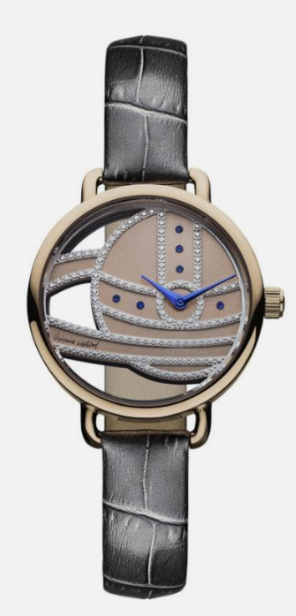Vivienne Westwood Ladbroke women's watch with cutout dial, blue hands, and black leather strap