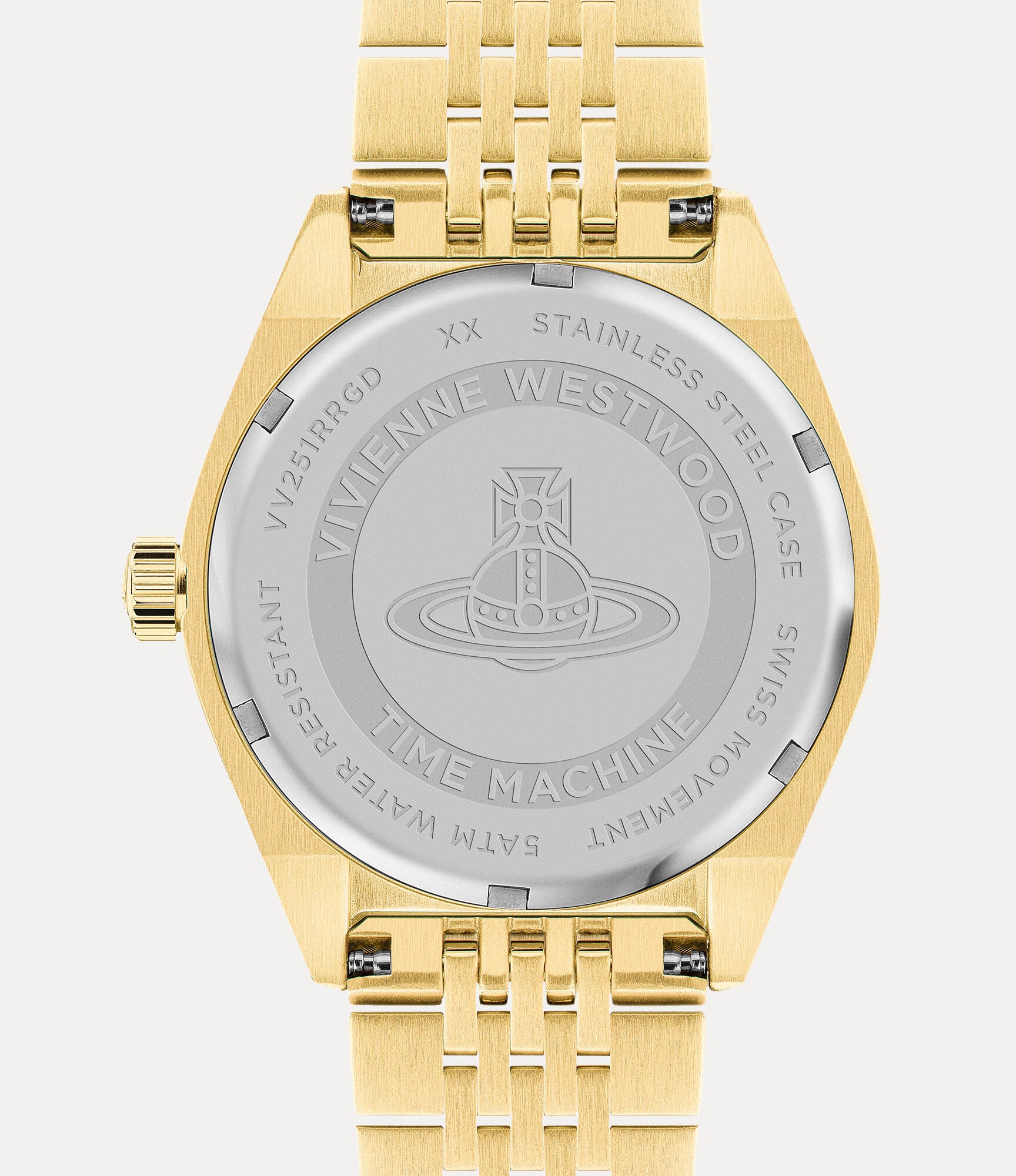 Vivienne Westwood Lady Sydenham caseback showing stainless steel and Time Machine engraving