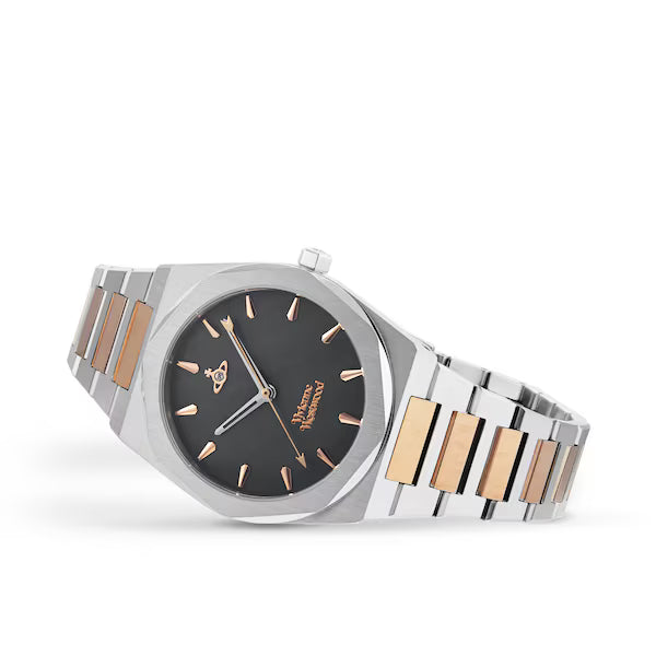 Vivienne Westwood Limehouse watch at angle highlighting two-tone stainless steel design